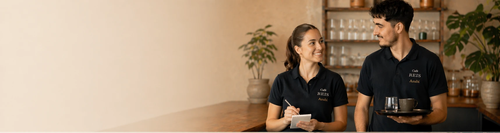 Hero-Banner der Ausbildungsseite: Zwei junge Menschen im Café-Reis-Polo an der Theke – eine Person notiert eine Bestellung, eine trägt ein Tablett mit Kaffee