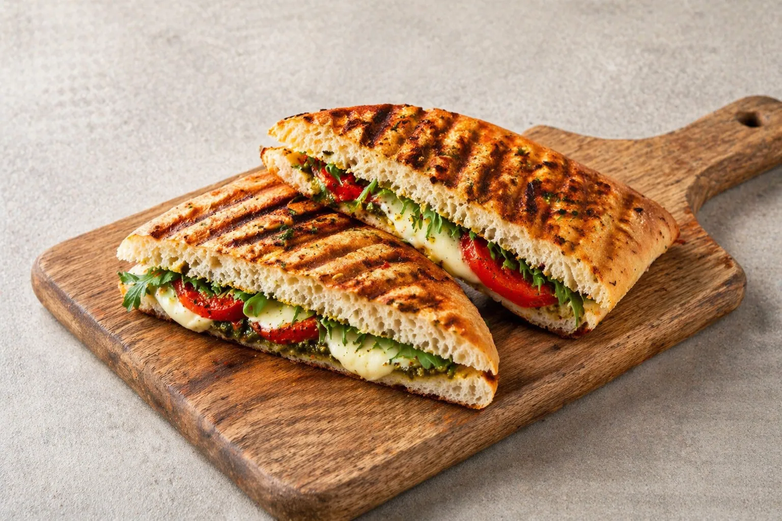 Gegrilltes Panini mit Mozzarella, Tomate und Rucola auf Holzbrett – Snack-Angebot im Café Reis Gilching